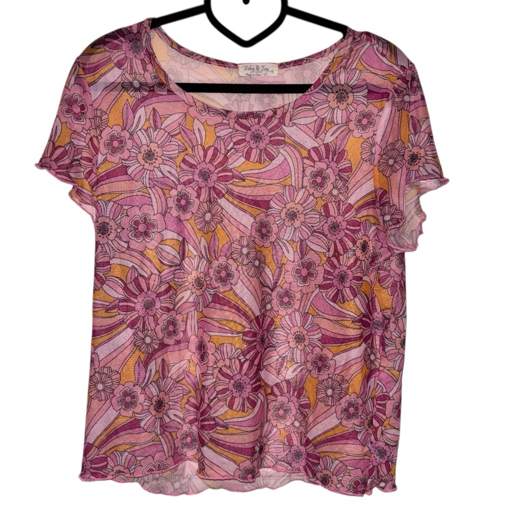 Jolie and Joy Sheer Floral Pink and Orange Top Plus Size 1X